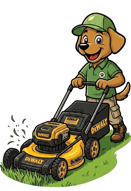 A Scoop Dogg dog mowing grass