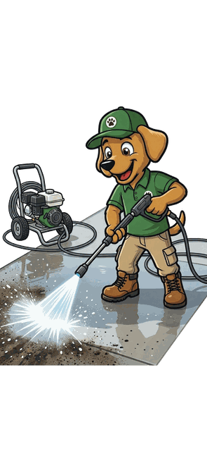 A Scoop Dogg dog pressure washing a driveway